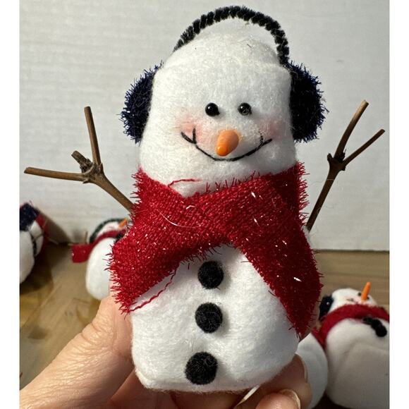 12 Puffy Felt Snowmen Christmas Ornaments Dressed In Hats/ Scarves W/ Twig Arms - Picture 6 of 10